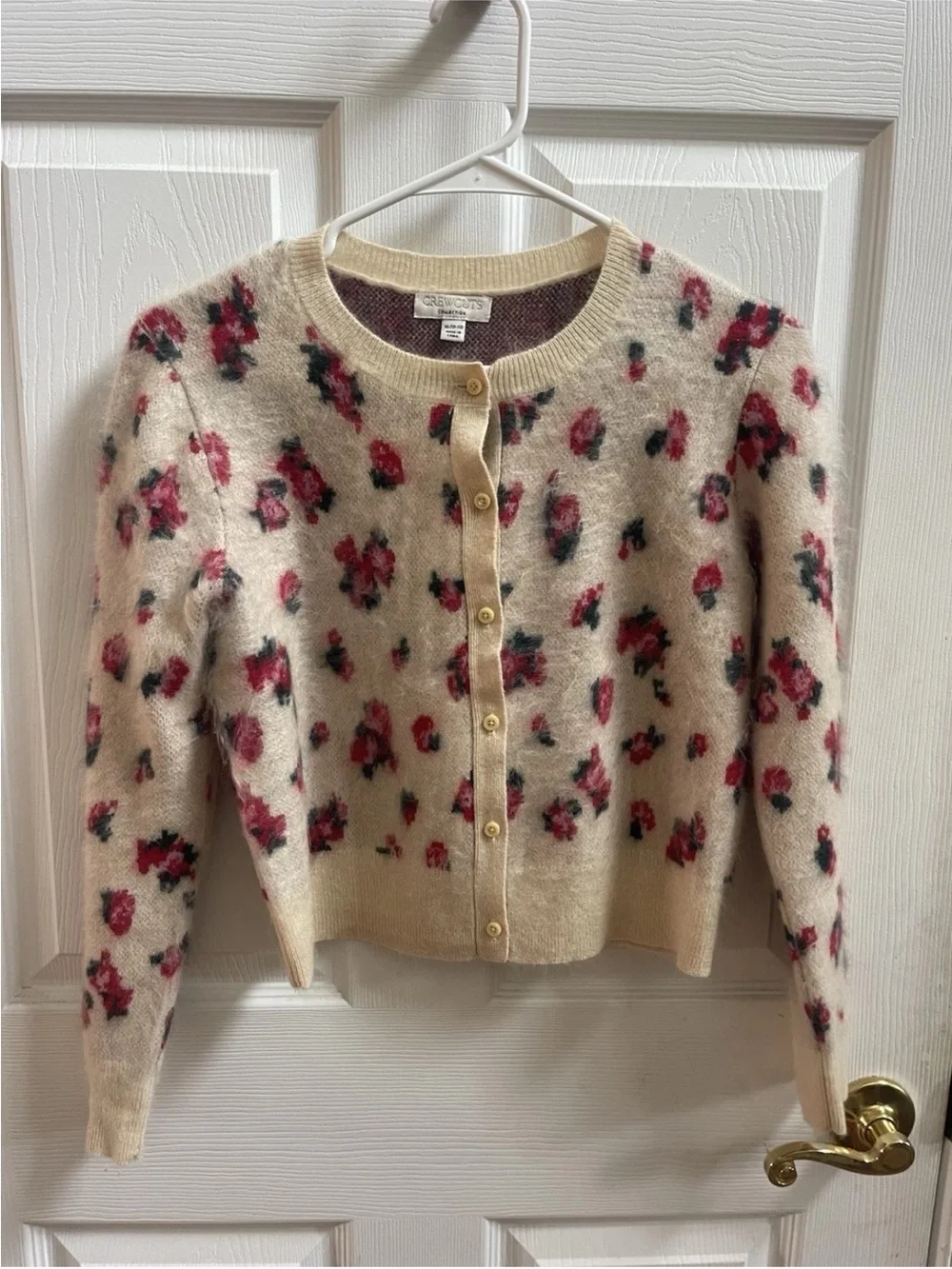J. Crew Cream Floral Cropped Button-Up Cardigan with Pink Rose Print.